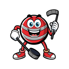 Vector Hockey puck comic character with arms, legs, skates and a ice hockey stick Clipart illustration On a White Background