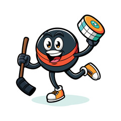 Vector Hockey puck comic character with arms, legs, skates and a ice hockey stick Clipart illustration On a White Background