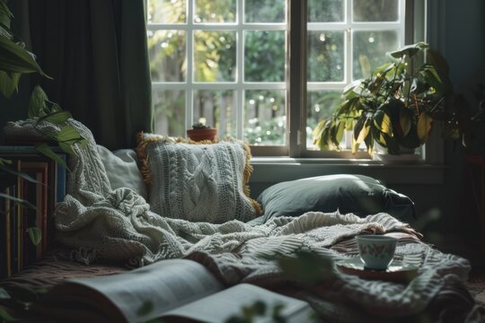 Inviting reading nook by a window, with soft pillows, a blanket, and tea, embodying a serene hygge ambiance