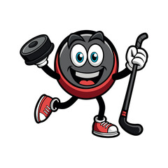 Vector Hockey puck comic character with arms, legs, skates and a ice hockey stick Clipart illustration On a White Background