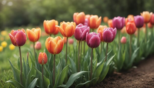 Vibrant tulip garden in full bloom during a sunny spring afternoon