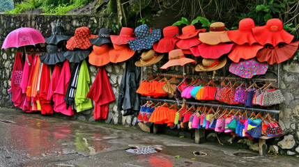 A rack of hats and a rack of clothes are on a wall