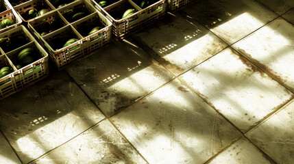 A few boxes of green vegetables on a stone tiled floor
