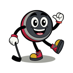 Vector Hockey puck comic character with arms, legs, skates and a ice hockey stick Clipart illustration On a White Background