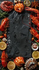 Frame of delicious seafood on black stone background