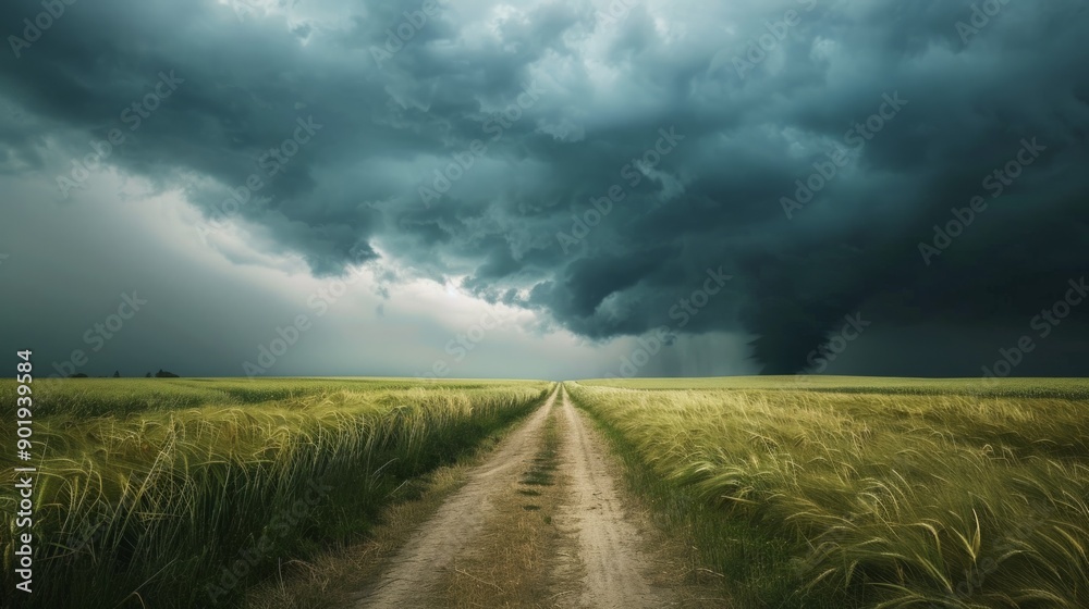 Poster a road in a field with a storm in the distance
