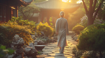 A man in a grey robe walks down a path in a garden