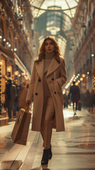 Fototapeta premium Young woman is holding shopping bags and walking in a mall decorated for christmas