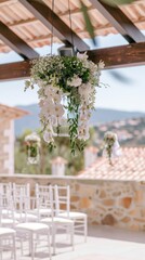 A beautiful arrangement of white chairs in a park, featuring a floral centerpiece on one chair, set for a wedding ceremony in the sunlight