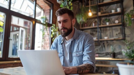 Fototapeta premium Young man with a beard working on a laptop in a coworking space.