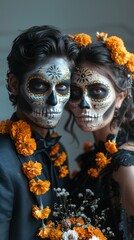 Couple wearing calavera makeup posing with marigolds