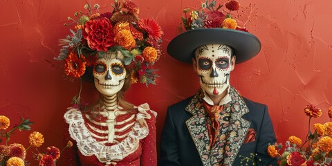 Couple wearing calavera makeup posing for day of the dead
