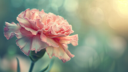Obraz premium Close-up of a detailed carnation with frilled petals and rich textures, blurred background of a garden with subtle, warm light and gentle green hues, high-resolution, photo-realistic