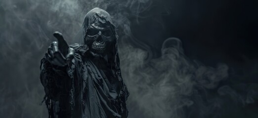 Obraz premium Grim Reaper in Smoke and Shadows with copy space, used for halloween advertising.
