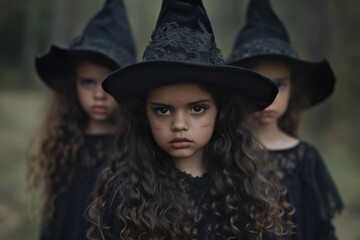 Serious Little Witches in Black Hats, standing in a mystic forest, used for halloween advertising.