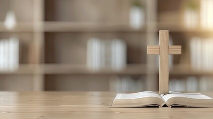 An open Bible rests on a rustic wooden table, accompanied by a wooden cross, inviting contemplation and spiritual exploration