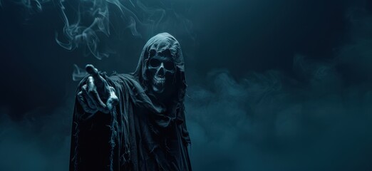 Grim Reaper in Smoke and Shadows with copy space, used for halloween advertising.