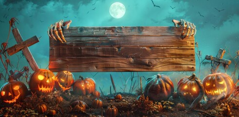 Spooky skeleton hands illustration holding a wooden sign for Halloween designs and advertising.
