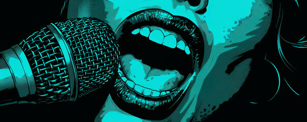 Close-up illustration of a person singing into a microphone with vibrant teal lighting, capturing the essence of vocal performance.