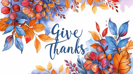 Give Thanks text with colorful autumn leaves and berries, perfect for Thanksgiving cards and seasonal greetings