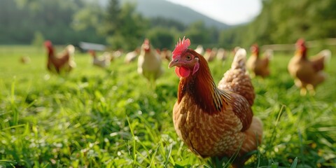 Chickens in Green Field