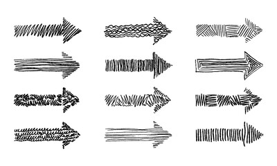 Twelve hand-painted textured arrows. Doodles and squiggles. Vector set