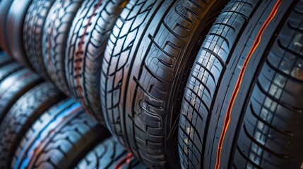 Stack of new tires forming a tire wall in a shop