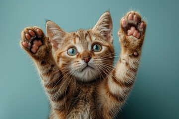 Obraz premium Playful Cat with Paws Up in the Air - High Detail Studio Shot Isolated on Blue Background