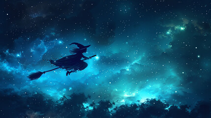 Fototapeta premium A witch flying through the sky with a broom