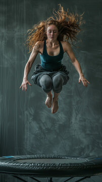 Athletic young woman is working out with her fitness routine by bouncing on a small indoor trampoline