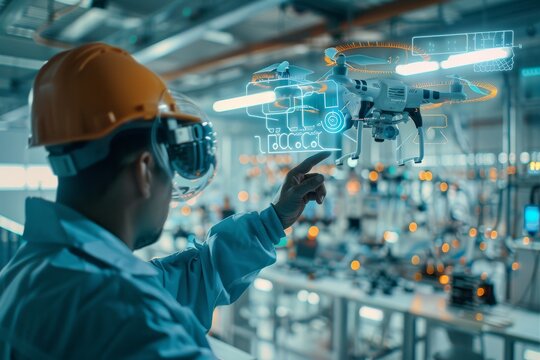 Engineer using augmented reality to interact with a drone in a modern factory setting