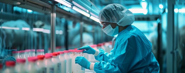 Scientist in sterile lab environment conducting dairy product quality control