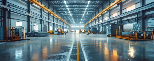 Sunlit industrial warehouse interior with stacked goods and wet floor