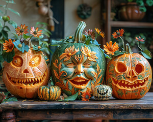 Fototapeta premium Three carved pumpkins with faces and flowers on them sit on a wooden table