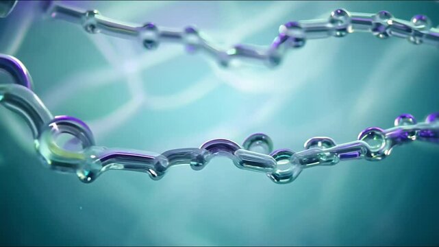 Dynamic animation of polymer chains, showing their flexibility and movement for scientific and educational content. Flexible polymer chain animation in an aquatic environment for educational videos