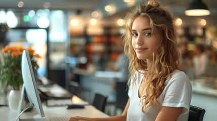 Fototapeta premium A woman with long hair is sitting at a desk in front of a computer