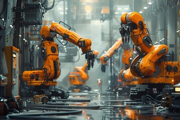 High-resolution image of robotic arm in an advanced industrial factory setting