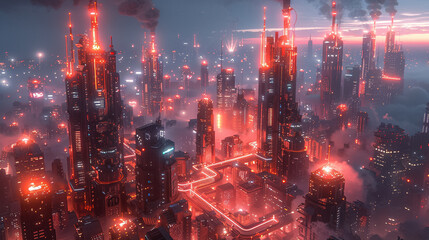 A cityscape with many buildings and a lot of red lights