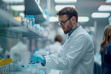 Scientist conducting experiment in modern laboratory with focus on research and development