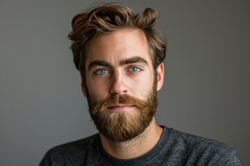 Obraz premium Portrait of a bearded young man with blue eyes on a grey background
