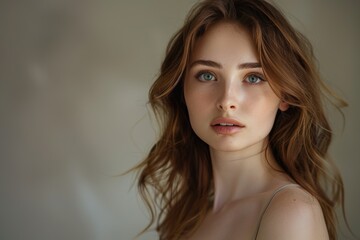 Fototapeta premium Beautiful young woman with long hair posing in studio portrait