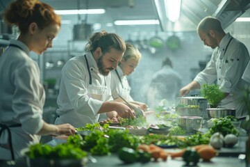 Professional chefs in modern kitchen preparing fresh ingredients for gourmet dishes