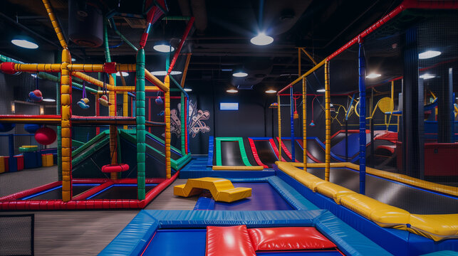 Indoor trampoline park with many colorful playgrounds, presenting various activities for kids and adults