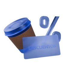Tarjeta de descuentos con vaso de café en color azul fondo transparente 