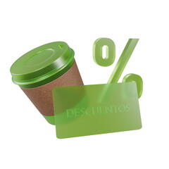 Tarjeta de descuentos con vaso de café en color verde fondo transparente 