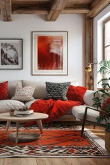 Fototapeta premium Modern Scandinavian living room with cozy sofa, rustic decor, and natural light