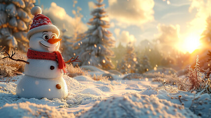 Obraz premium A snowman with a red scarf and a red hat is standing in the snow