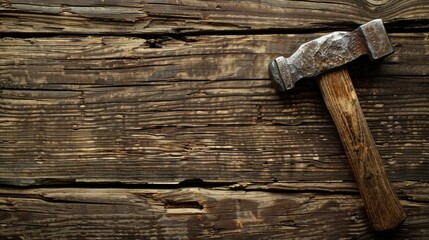 Hammer on wood background with space for text