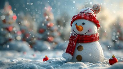Fototapeta premium A snowman wearing a red hat and scarf stands in the snow