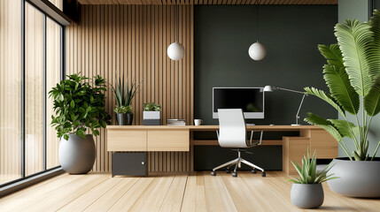 Modern open office space with office furniture technics and plants nobody. AI generated